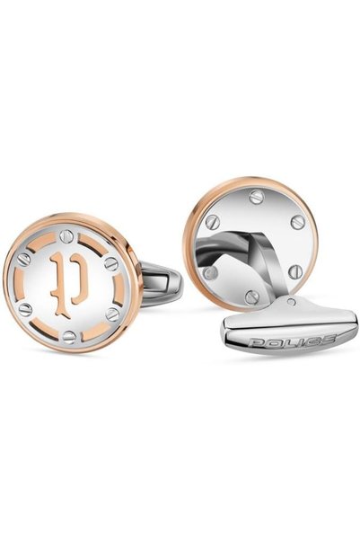 Police Ebon Silver Rose Gold Stainless Steel Round Cufflinks for Men