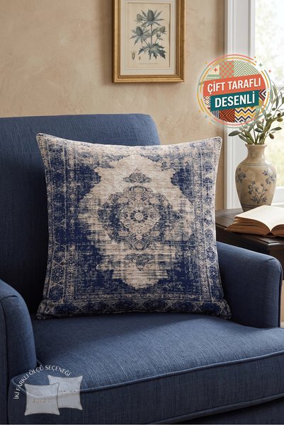Nordica Lacivert Vintage Eskitme Halı Desenli Yastık Kılıfı - Bej Etnik Otant...