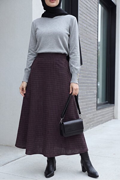 HİJABAYA High Waist Bell-Cut Flowy Unlined Woven Midi Hijab Skirt - Dark Burg...