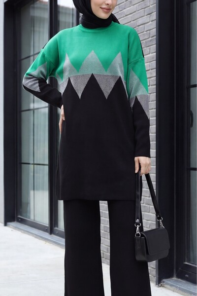 HİJABAYA Crew Neck Oversize Long Sleeve Flowy Maxi Hijab Knitwear Set - Green