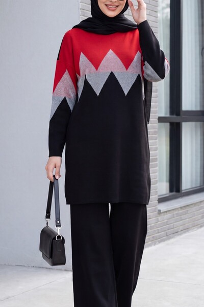 HİJABAYA Crew Neck Oversize Long Sleeve Flowy Maxi Hijab Knitwear Set - Red
