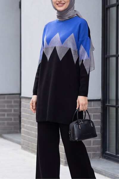 HİJABAYA Crew Neck Oversize Long Sleeve Flowy Maxi Hijab Knitwear Set -Saks