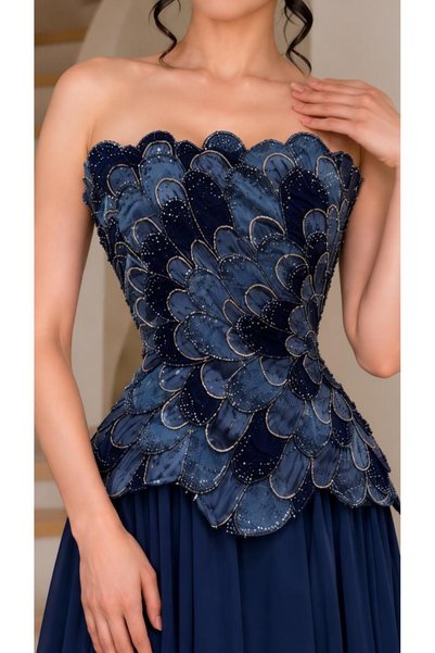 Olivia Style Women's Strapless Dark Blue Corset Style Beaded and Petal Detail...