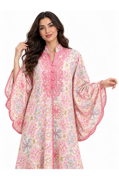White colour Women's Midi Butterfly Sleeve Floral Patterned Front Embroidered Caftan