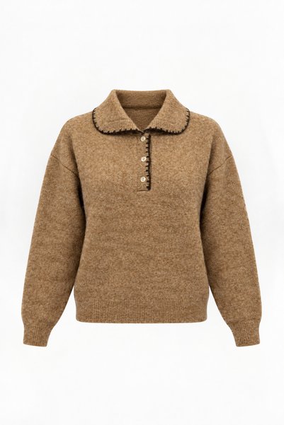 Bipantolon Pulover de damă cu textură moale, cu guler polo, cu broderie moka ...