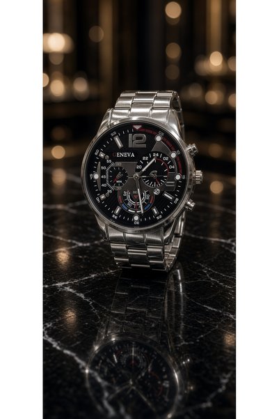 ahsenaksesuar2025 Black Dial Metal Color Chronograph Men's Wristwatch Metal Band