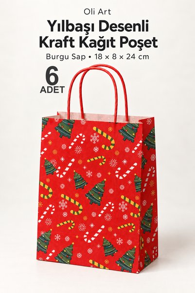 OLİ Art Kırmızı Yılbaşı Desenli 6 Adet Kraft Yılbaşı Hediye Poşeti - Yeşil Çam ve Şeker Baskılı 18x8x24 cm