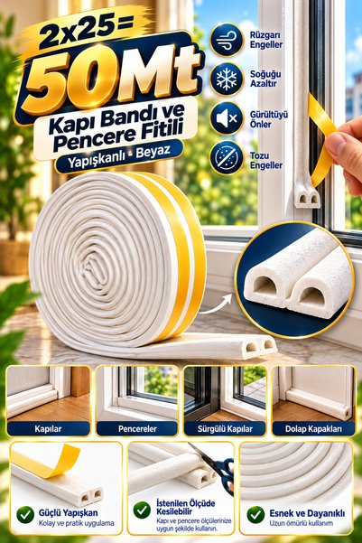 Tasarım Evi 2x25=50 Mt Kapı Bantı Ve Pencere Fitili Bandı Yapışkanlı Beyaz