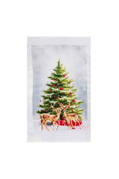 OEM Prosop de Bucătărie din Bumbac 60x35 cm, Alb cu Brad de Crăciun, Reni și ...