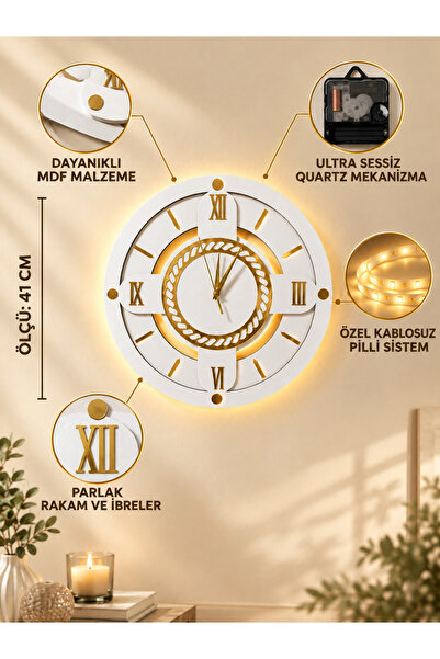 Nixar Desing Led Işıklı Duvar Saati 41 cm Romen Rakamlı Beyaz Gold Ahşap Sessiz Mekanizma Pilli Dekoratif Saat