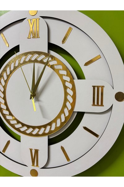 Nixar Desing Led Işıklı Duvar Saati 41 cm Romen Rakamlı Beyaz Gold Ahşap Sessiz Mekanizma Pilli Dekoratif Saat