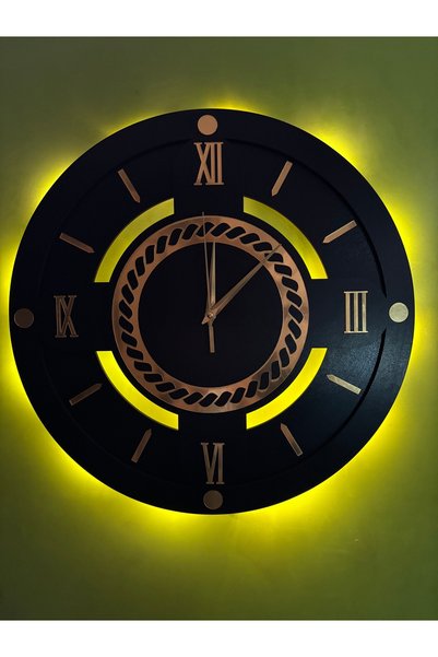 Nixar Desing Led Işıklı Duvar Saati 41 cm Romen Rakamlı Siyah Gold Ahşap Sessiz Mekanizma Pilli Dekoratif Saat