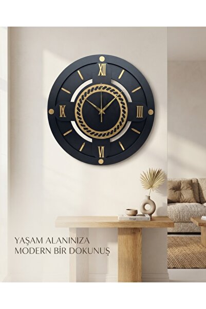 Nixar Desing Led Işıklı Duvar Saati 41 cm Romen Rakamlı Siyah Gold Ahşap Sessiz Mekanizma Pilli Dekoratif Saat