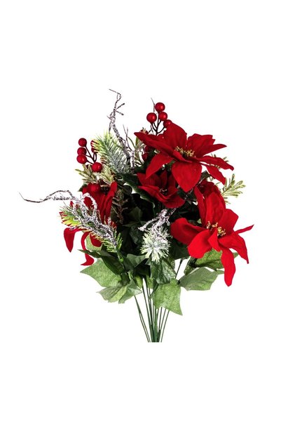 OEM Buchet Decorativ de Crăciun 53 cm, Flori Roșii, Ramuri Verzi și Efect de ...