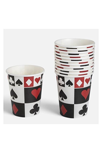 OEM Set 12 pahare din hârtie 240 ml, model cărți de joc roșu-negru, pentru pe...