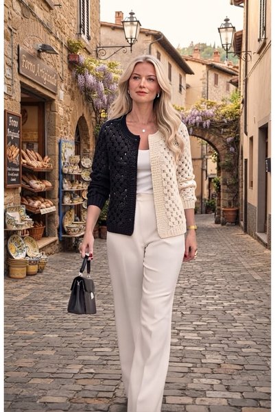 MEGAHAN BOUTIQUE Hand Knitted Black-Cream Color Block Granny Square Cardigan ...