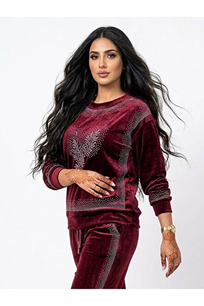 DAY BY DAY Women's Long Sleeved Top and Wide Leg Pants Two-Piece Set, Velvet Fabric, Embellished with Shiny Rhinestones