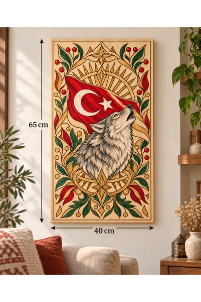 TOTTERİQ Bozkurt ve Türk Bayrağı Desenli Ahşap Mandala Boyama Panosu 65x40 cm...