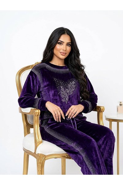 DAY BY DAY Women's Long Sleeved Top and Wide Leg Pants Two-Piece Set, Velvet Fabric, Embellished with Shiny Rhinestones