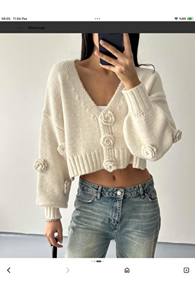 MEGAHAN BOUTIQUE Hand Knitted 3D Flower Detailed Cream Crop Cardigan / Design...