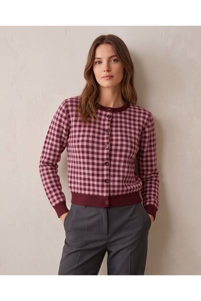 Trend Kapında Women's Plaid Patterned Buttoned Knitwear Cardigan