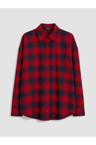LC Waikiki NEVAVM Farkıyla XSIDE Kırmızı Ekose Oversize Kadın Oduncu Gömlek