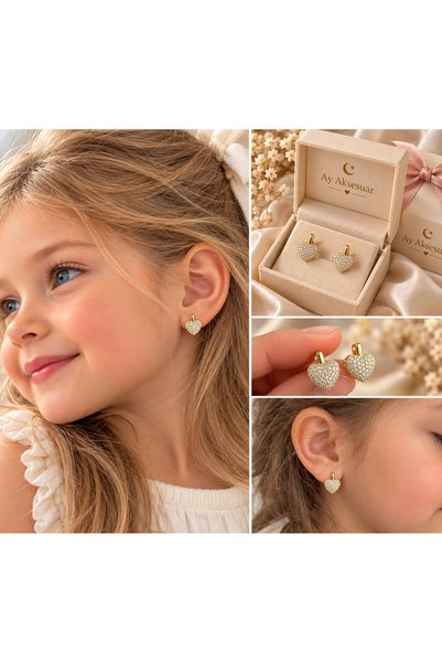 XUPING JEWELRY Antialerjik Xuping kalpli taşlı çocuk küpesi 🌼🤍