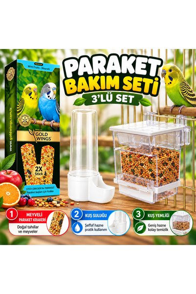 Gold Wings Paraket Bakım Seti 3’lü – Meyveli Paraket Krakeri, Kuş Suluğu ve A...