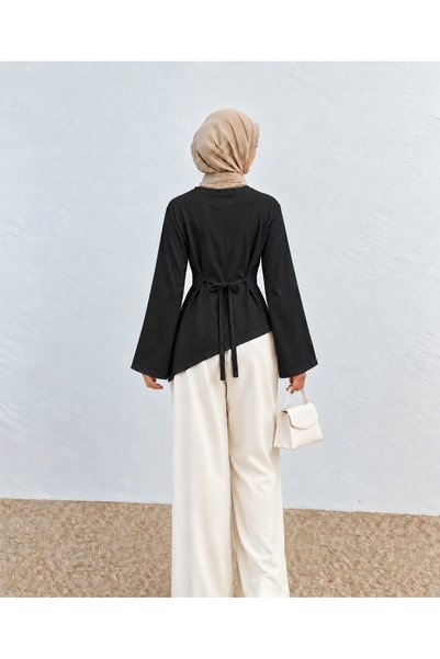 Hepsi Moda Spanish Sleeve Asymmetrical Cut Blouse - Black