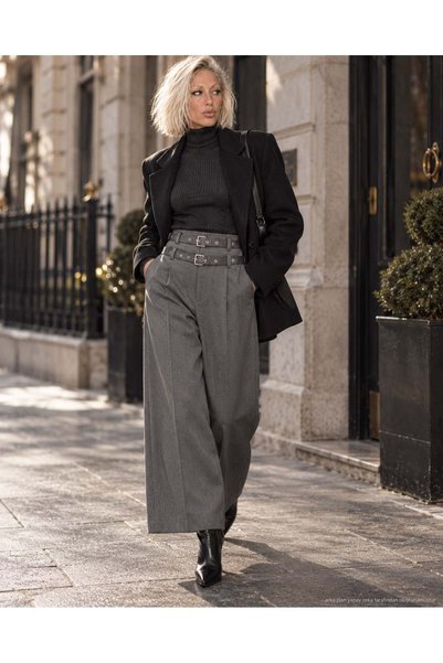 ibeeka Pantaloni Palazzo gri cu detaliu curea dublă