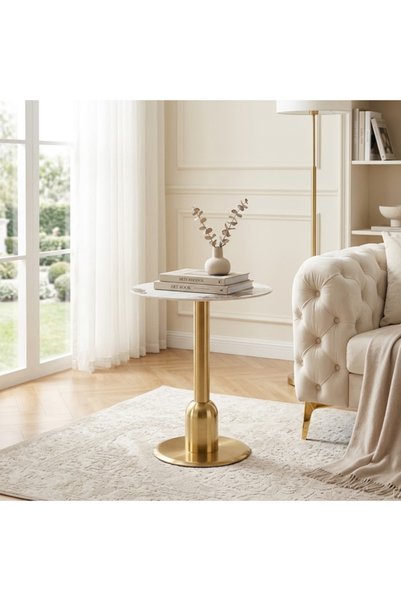 PLUS 4 Modern Round Ceramic Marble Top Dining Table with Metal Base
