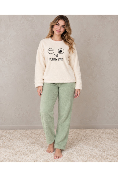 embody Pijama de damă Cocolino pufoasă cu ochi amuzanți, bluză crem și pantal...