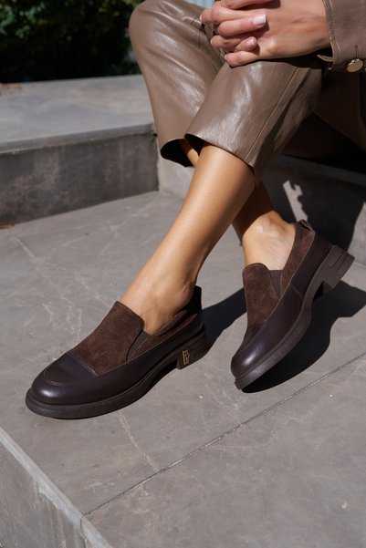 ANGELİNA JONES Lera Women's Brown Leather Suet Genuine Garnished Loafer Shoes