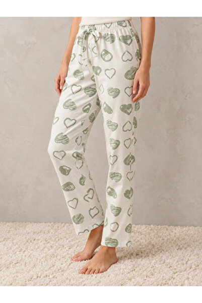 embody Pantaloni de pijama din bumbac pentru femei, albi cu inimioare verzi, ...