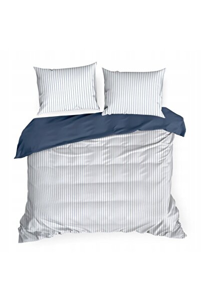 Eurofirany Lenjerie de pat din satin 220x200 Raya, alb cu dungi bleumarin