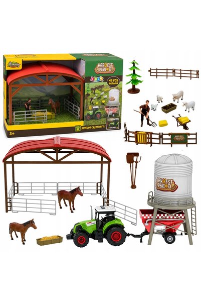LeanToys Set Fermă cu Tractor, Grajd, Siloz, Figurine, Animale, Unelte, 49 pi...