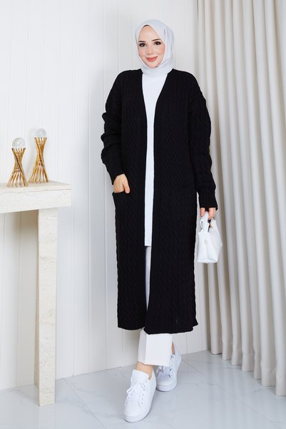 Pamuk Butik Women's Casual Knitwear Cardigan with Braided Pockets