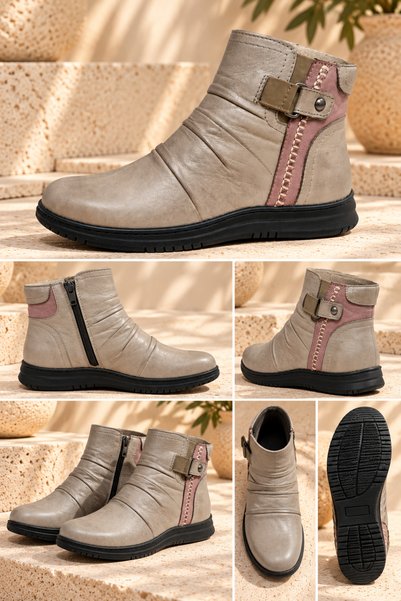 İNZE AYAKKABI Genuine Leather Women's Casual Boots with Buckle Detail Model Name: Maia