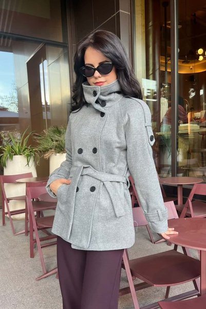 sunfyre High Collar Belted Short Lined Cashmere Coat Sun613