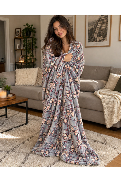 embody Thin Fleece Blanket 210x180 cm, Soft and Warm, Grey with Bows, for Bed...