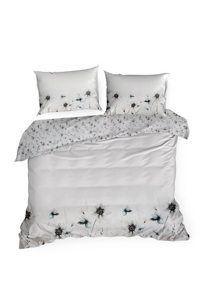 Eurofirany Lenjerie de pat Satin 220x200 Premium Frunze Flori alb/gri bej