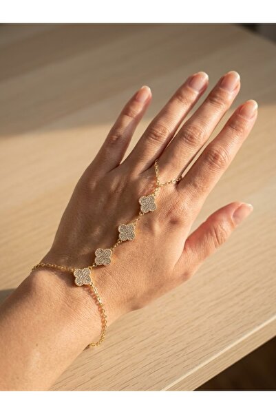 alias takı Women's Gold Zircon Stone Four-Leaf Clover Shahmeran Bracelet