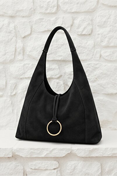Gogoey Suede Casual Model Ring Charm Zippered Women's Shoulder Bag Black