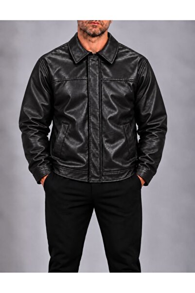 LudoWear Shirt Collar Faux Leather Black Jacket