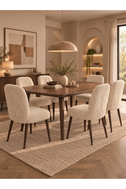 Damira Home Ekru Modern Dokulu Lastikli Tek Parça Sandalye Kılıfı – 6'lı Set