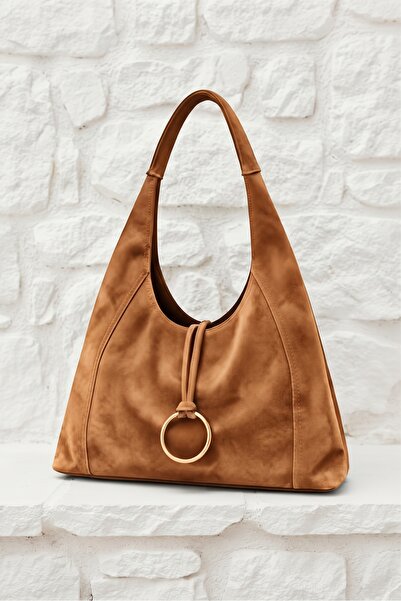 Gogoey Suede Casual Model Ring Charm Zippered Women's Shoulder Bag Brown