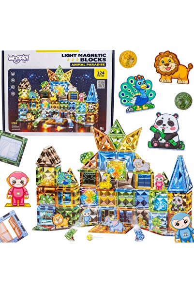 woopie Blocuri magnetice de construcție luminoase, Lumea animalelor 3D 124el. W