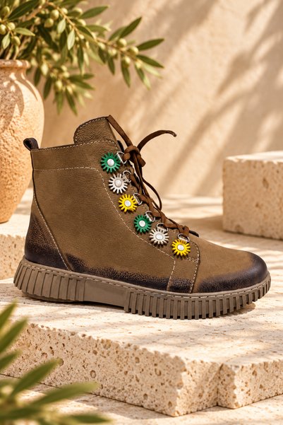 İNZE AYAKKABI Genuine Leather Women's Lace-Up Thick Sole Casual Boots Model N...