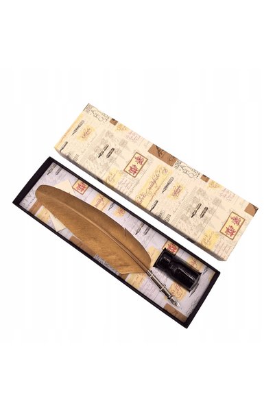 GIFTDECO Set de caligrafie - Stilou cu peniță din pene de gâscă aurii + Cerne...