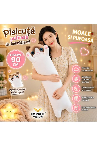 OEM Jucărie de pluș pisică, tip pernă, umplutură hipoalergenică, 90 cm, culoare alb-maro